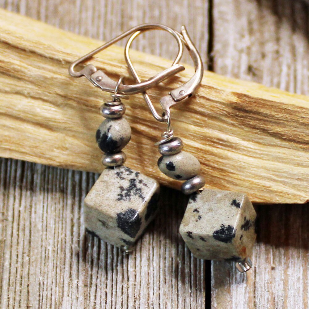 Sacred Geometry Dalmatian Jasper Cube Earrings - Sterling Silver Artisan Jewelry