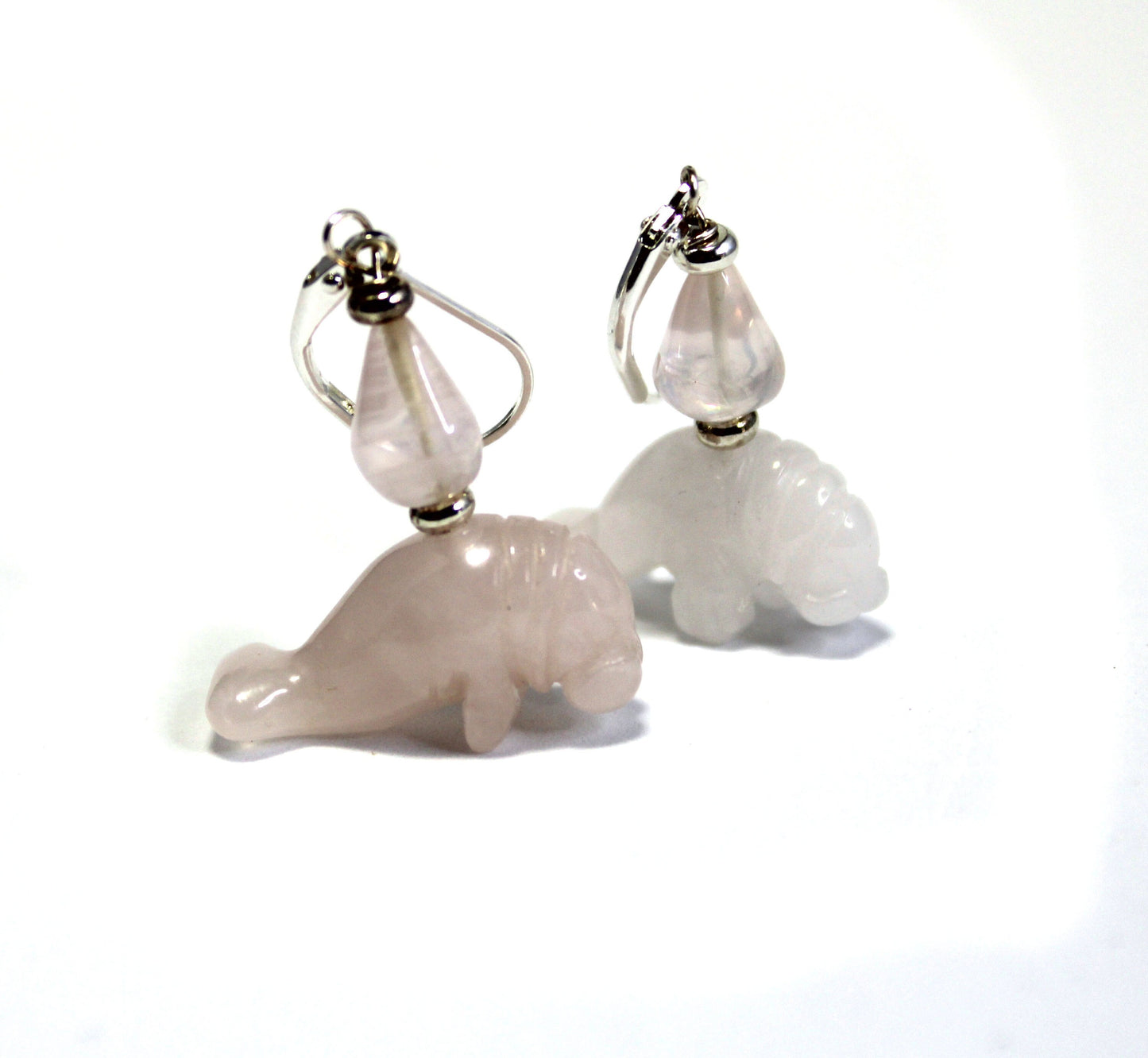 Rose Quartz Pink Manatee Earrings - Drop Earrings, Artisan Jewelry, Ocean Theme Dangle, Gemstone Earrings, Sea Life Theme Animal Lover Gift