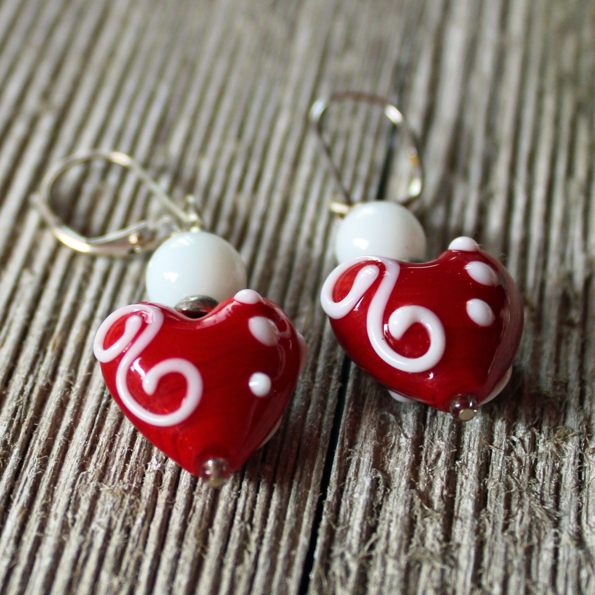 Heart Earrings - Tell her she has your heart, glass heart earrings, pink, red, white lampwork dangle jewelry for your love