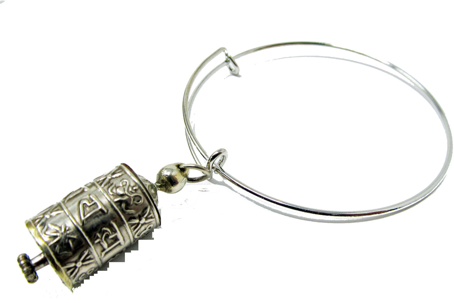 Om Mani Padme Hum Prayer Wheel Silver Bangle - Spiritual Jewelry for Positive Energy and Tranquility