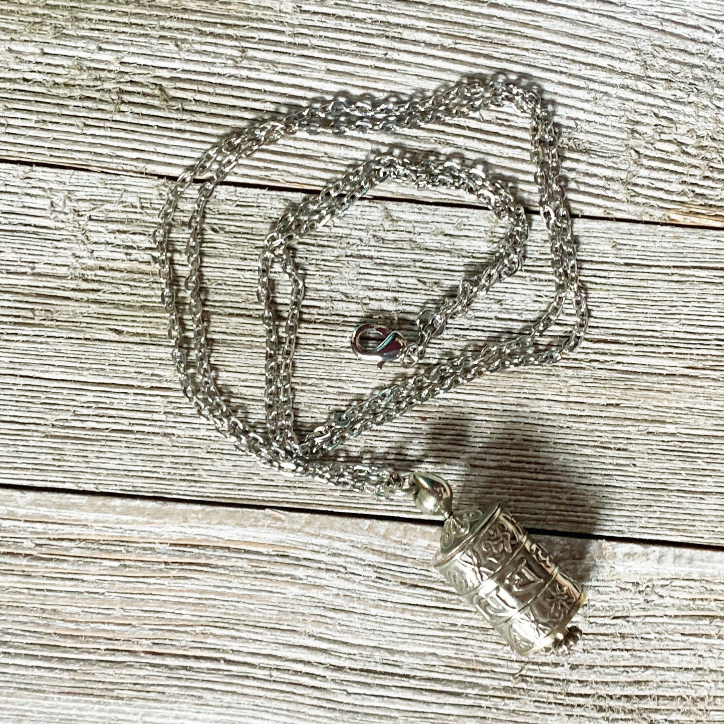 Spinner Mantra Barrel Necklace - zen style jewelry, Prayer Wheel Spins to Calm you, gift for zen, calm aesthetic jewelry, yoga wear, silver