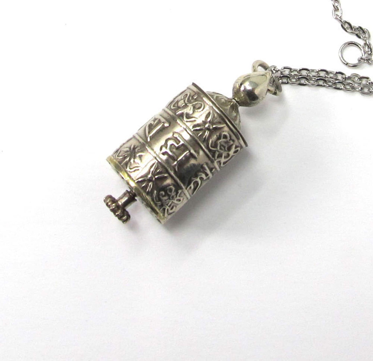 Spinner Mantra Barrel Necklace - zen style jewelry, Prayer Wheel Spins to Calm you, gift for zen, calm aesthetic jewelry, yoga wear, silver