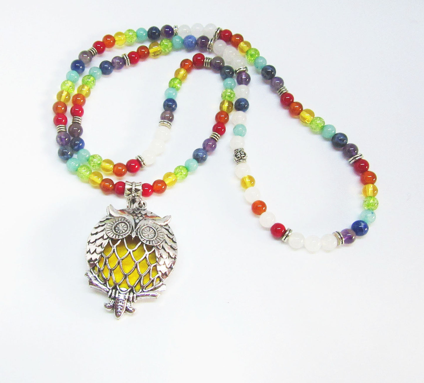 Aromatherapy Jewelry for Zen and Relaxation - Rainbow Quartz Mala Essential Oil Diffuser Necklace with Elephant or Owl Locket self care gift