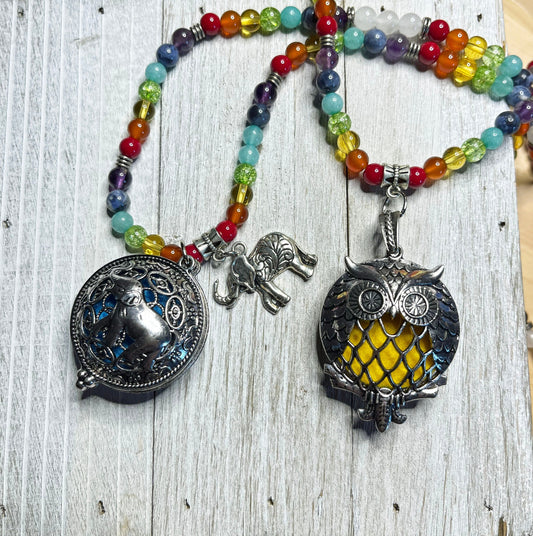 Aromatherapy Jewelry for Zen and Relaxation - Rainbow Quartz Mala Essential Oil Diffuser Necklace with Elephant or Owl Locket self care gift