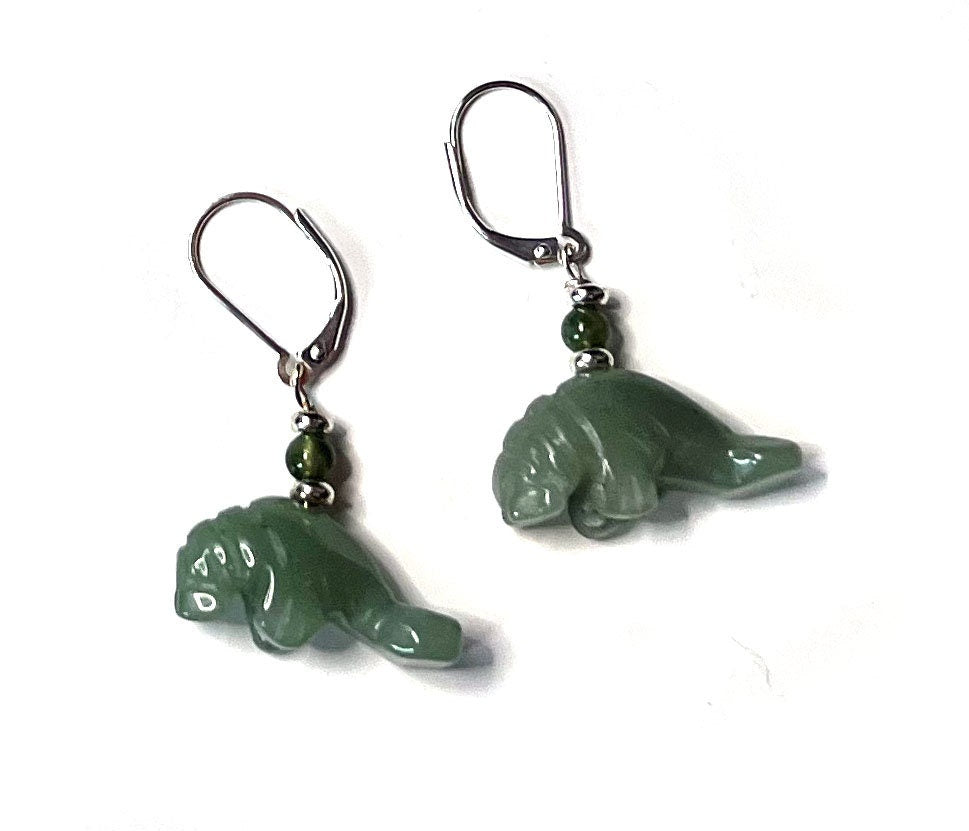 Aventurine Carved Stone Manatee Jewelry, Green Drop Earrings Manatee Earrings.  Gift for Animal Lovers Sea Life Ocean Theme Florida Wildlife