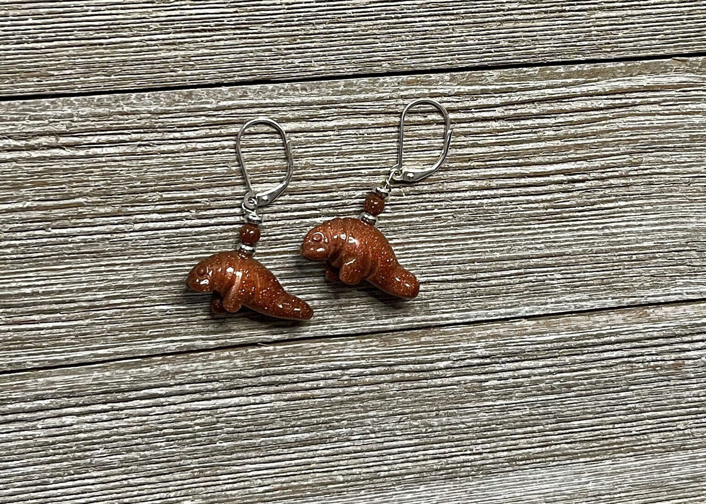 Manatee Earrings - artisan-made jewelry, sparkly carved animals, goldstone in blue and orange, Gift for Beach Sea Life Lover, rare jewelry