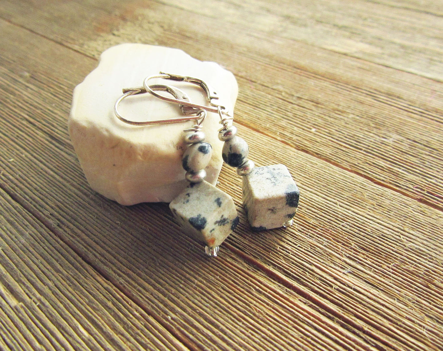 Sacred Geometry Dalmatian Jasper Cube Earrings - Sterling Silver Artisan Jewelry