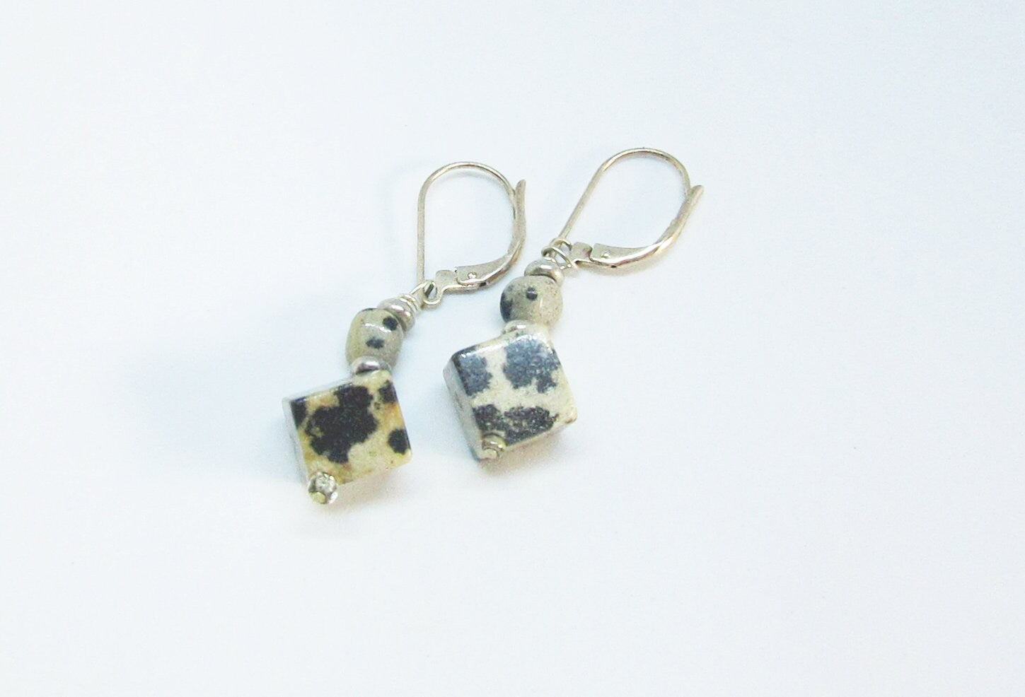 Sacred Geometry Dalmatian Jasper Cube Earrings - Sterling Silver Artisan Jewelry