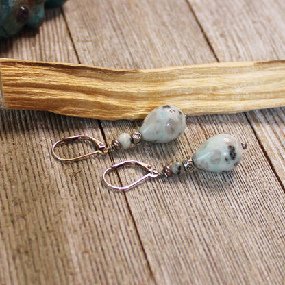 Teardrop Earrings featuring sesame jasper minimalist jewelry, artisan designed with mint jasper and black tourmaline, showcasing boho style and sacred geometry.