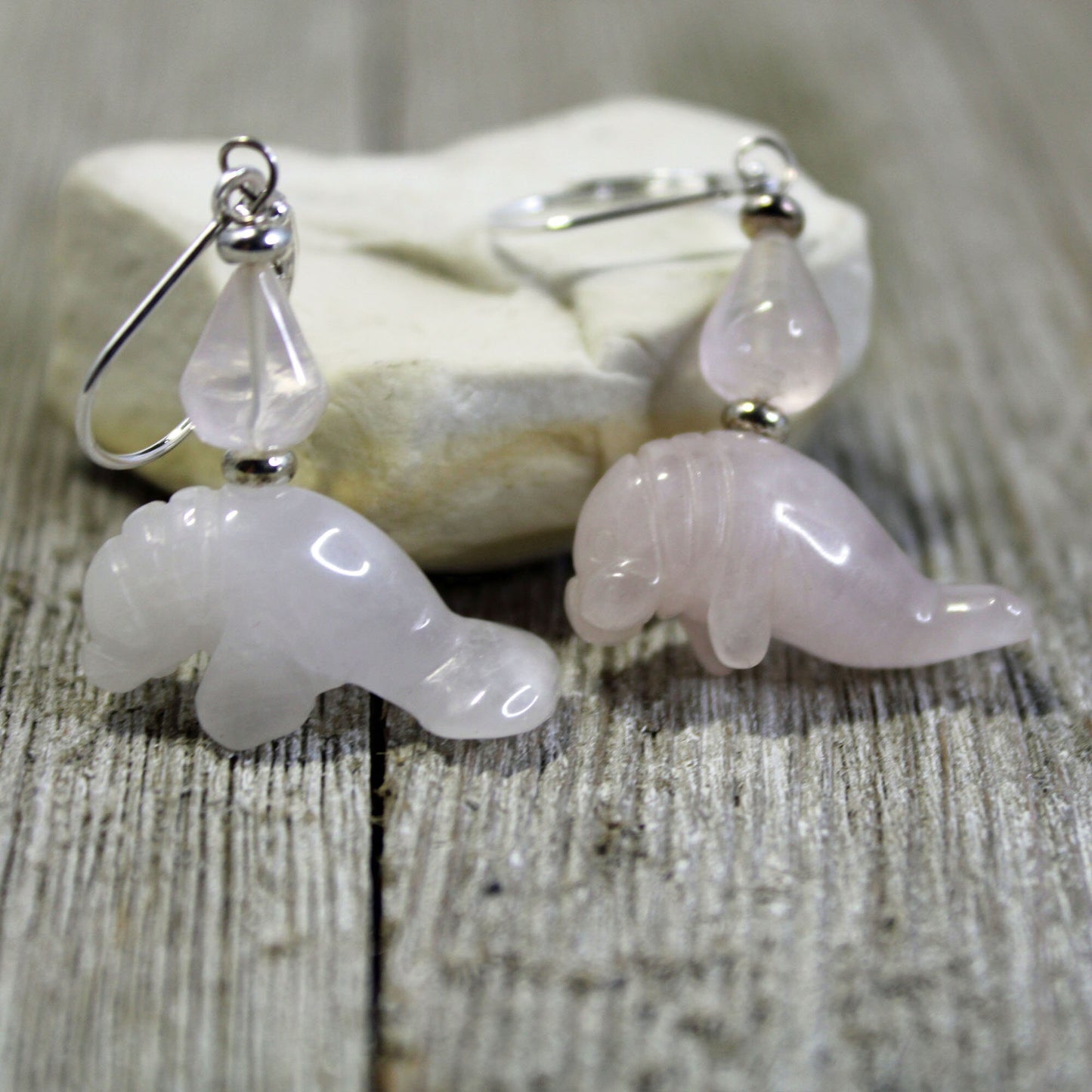 Rose Quartz Pink Manatee Earrings - Drop Earrings, Artisan Jewelry, Ocean Theme Dangle, Gemstone Earrings, Sea Life Theme Animal Lover Gift