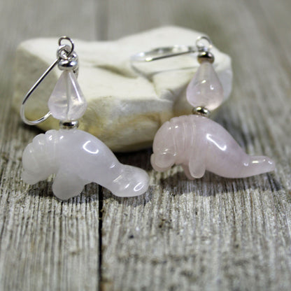 Rose Quartz Pink Manatee Earrings - Artisan Jewelry featuring a pink gemstone manatee design, ideal for ocean theme lovers.