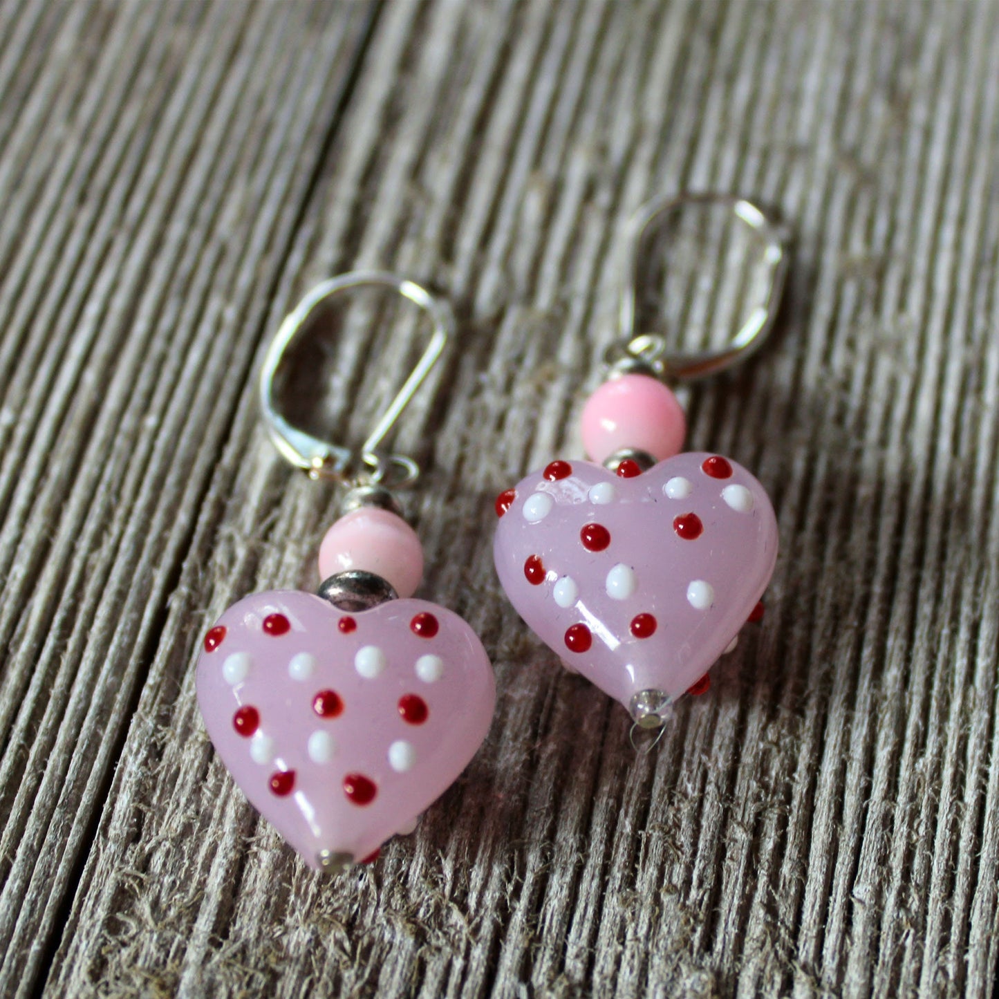 Heart Earrings - Tell her she has your heart, glass heart earrings, pink, red, white lampwork dangle jewelry for your love