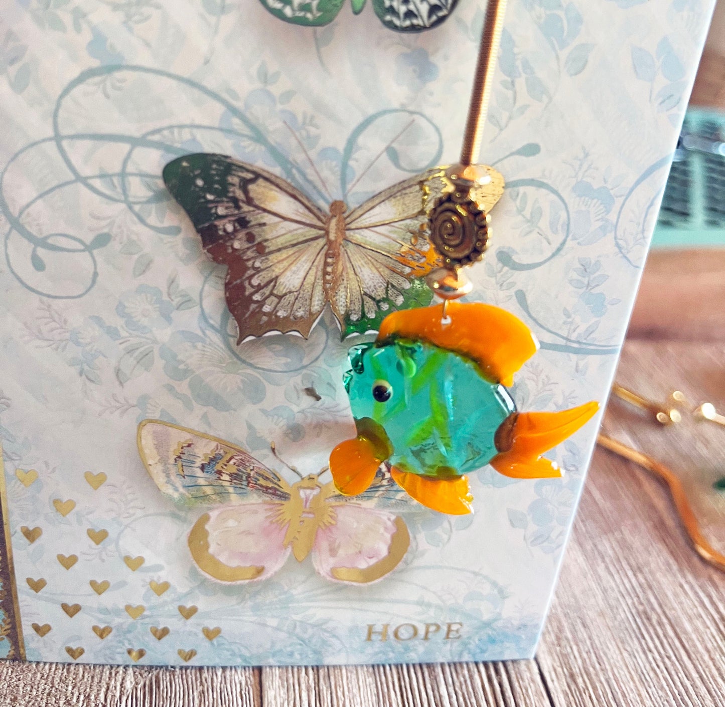 Gold Metal Bookmark, Glass Fish Bookmark, Fun Aquatic Page Holder, Gift for Aquarist