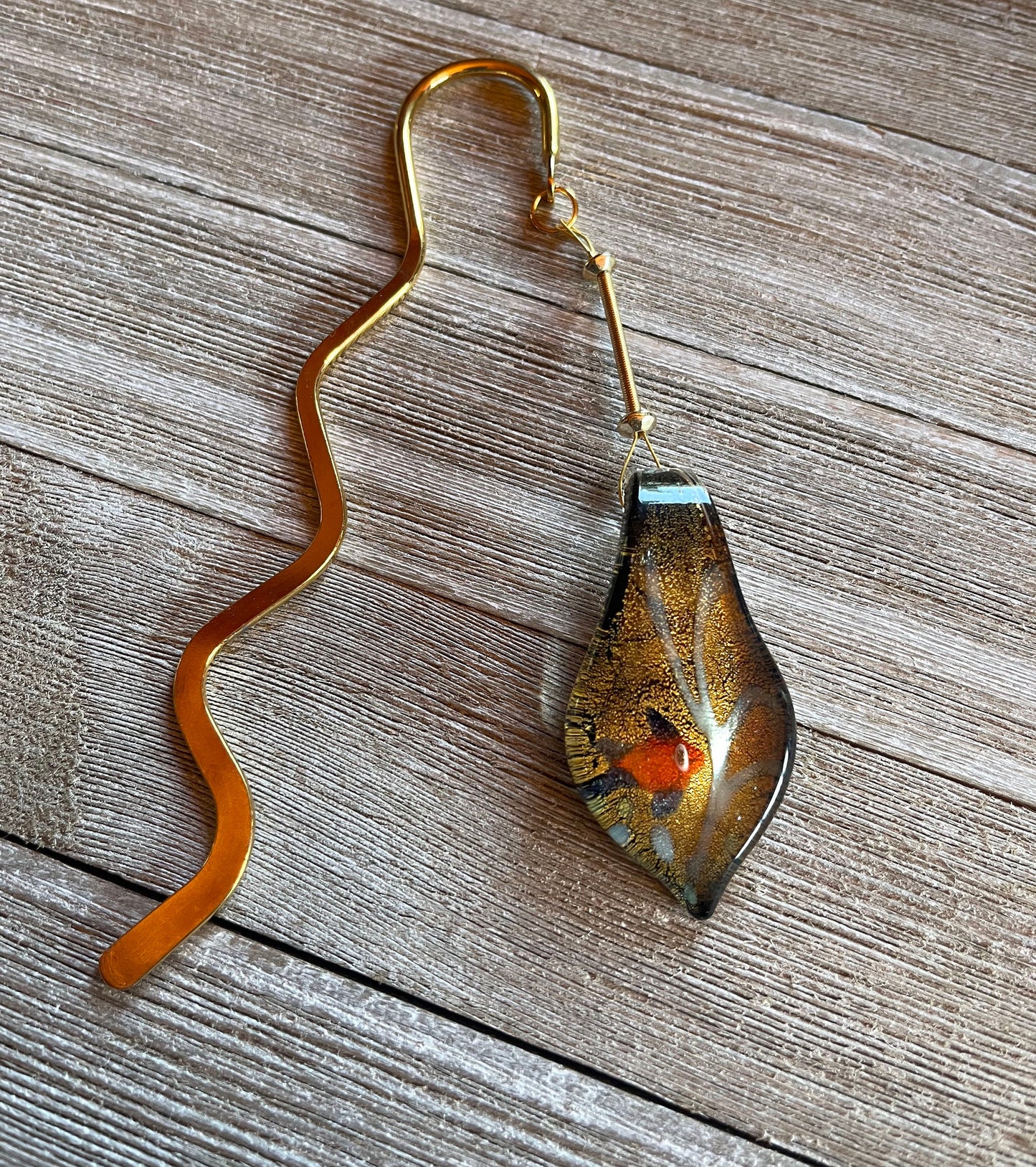 Elegant Gold and Brown Art Glass Hook Bookmark - Unique Gift for Book Lovers, a librarian gift that will make them smile, unusual and useful