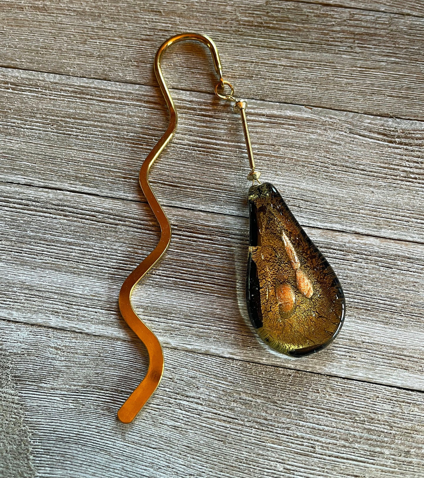 Elegant Gold and Brown Art Glass Hook Bookmark - Unique Gift for Book Lovers, a librarian gift that will make them smile, unusual and useful