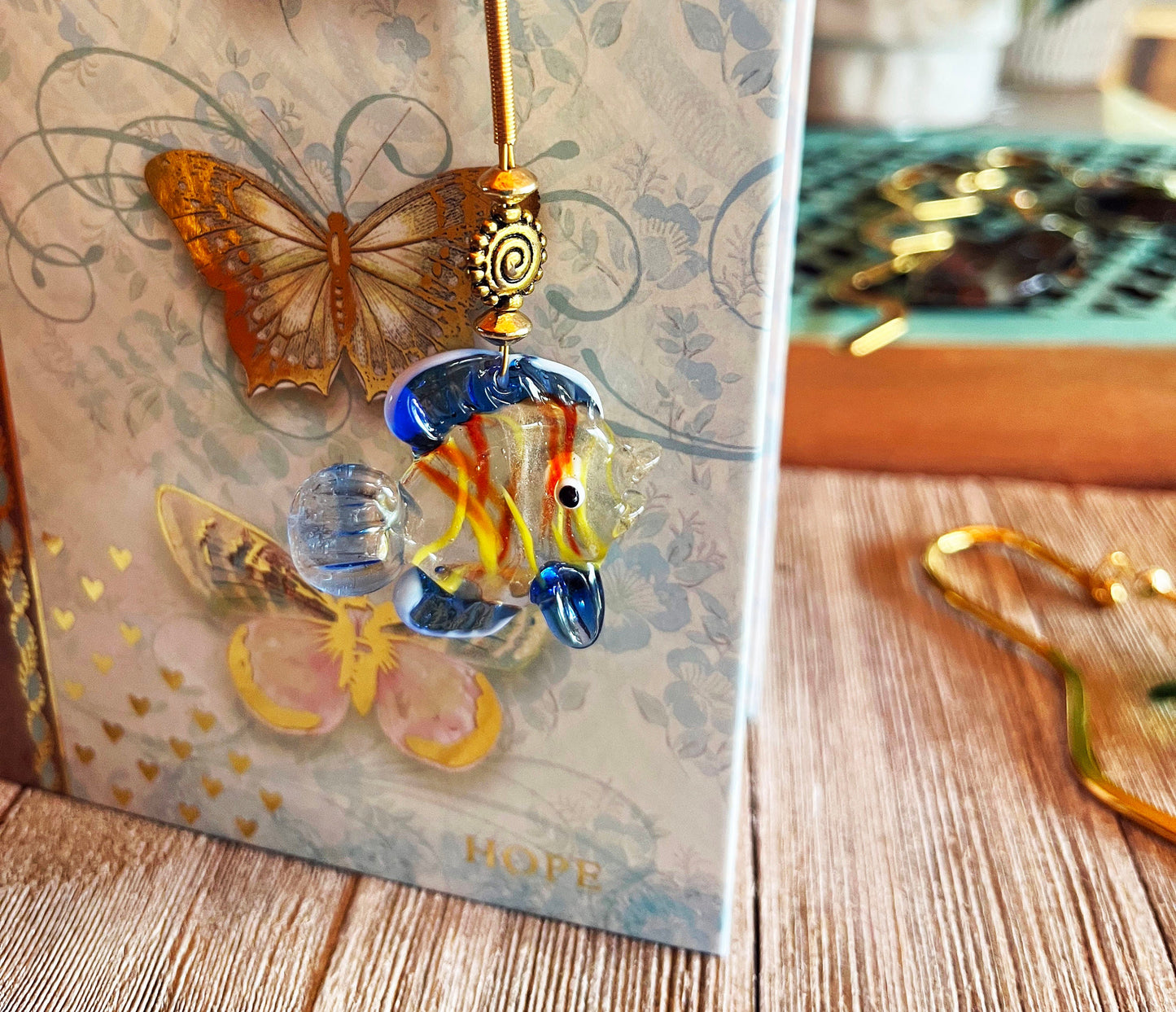 Gold Metal Bookmark, Glass Fish Bookmark, Fun Aquatic Page Holder, Gift for Aquarist