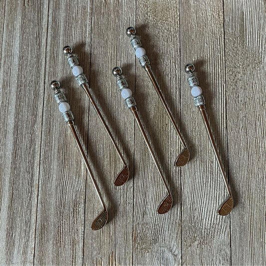 Golf stir sticks - fun golfer gift, golf ball and silver bead handle, small spoon or stirrer and spoon set, cocktail party barware, tee time