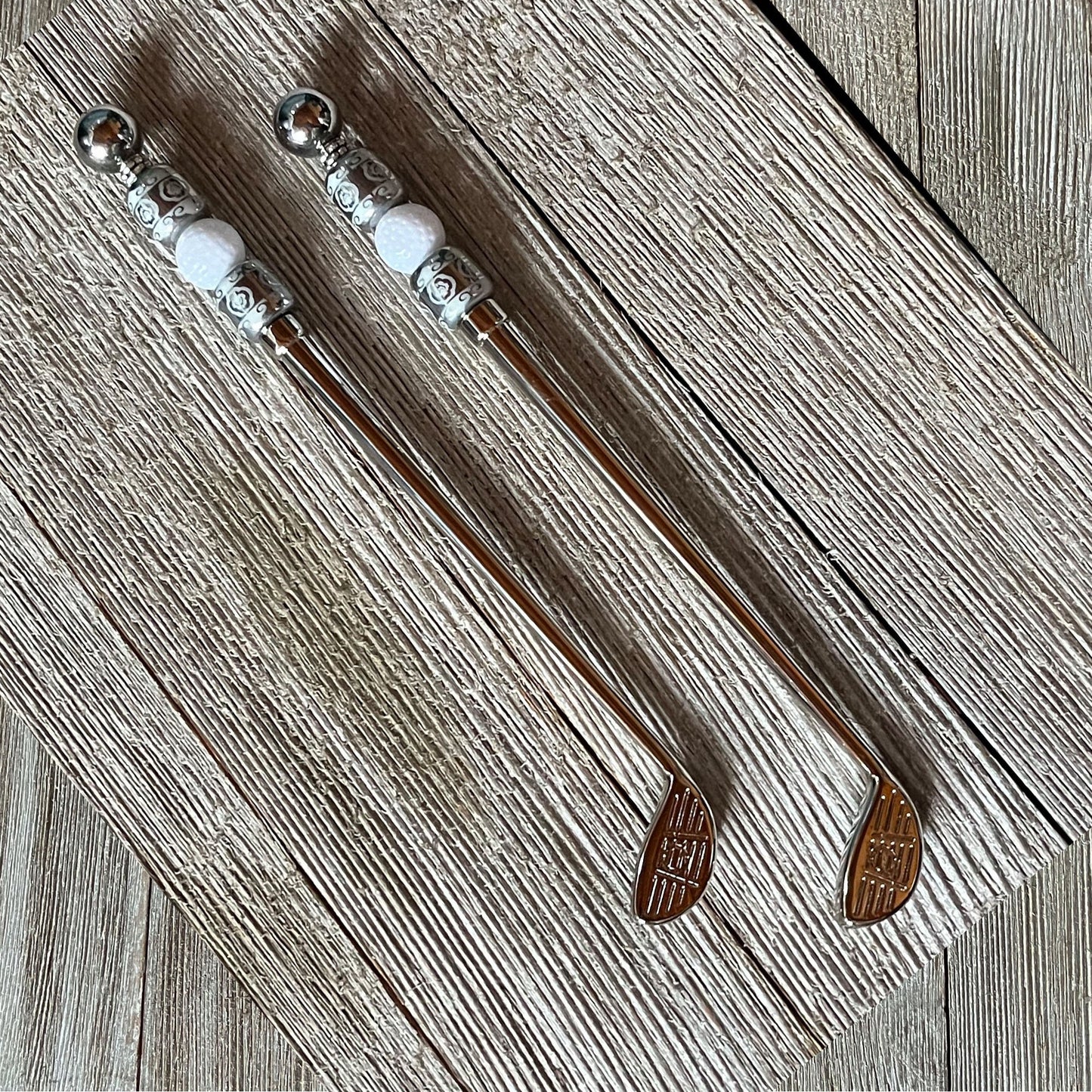 Golf stir sticks - fun golfer gift, golf ball and silver bead handle, small spoon or stirrer and spoon set, cocktail party barware, tee time