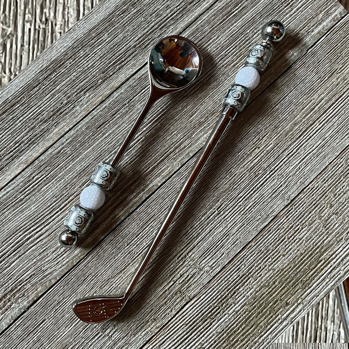 Golf stir sticks - fun golfer gift, golf ball and silver bead handle, small spoon or stirrer and spoon set, cocktail party barware, tee time