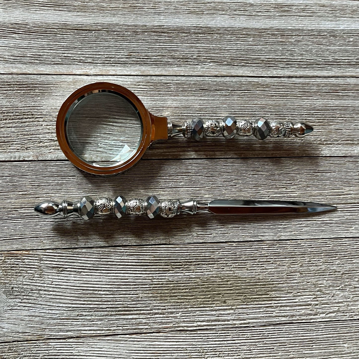 Silver Desk Set with Magnifying Glass and Letter Opener - Desk Set Office Decor Gift - Silver faceted bead Handle, Letter Opener, Magnifier