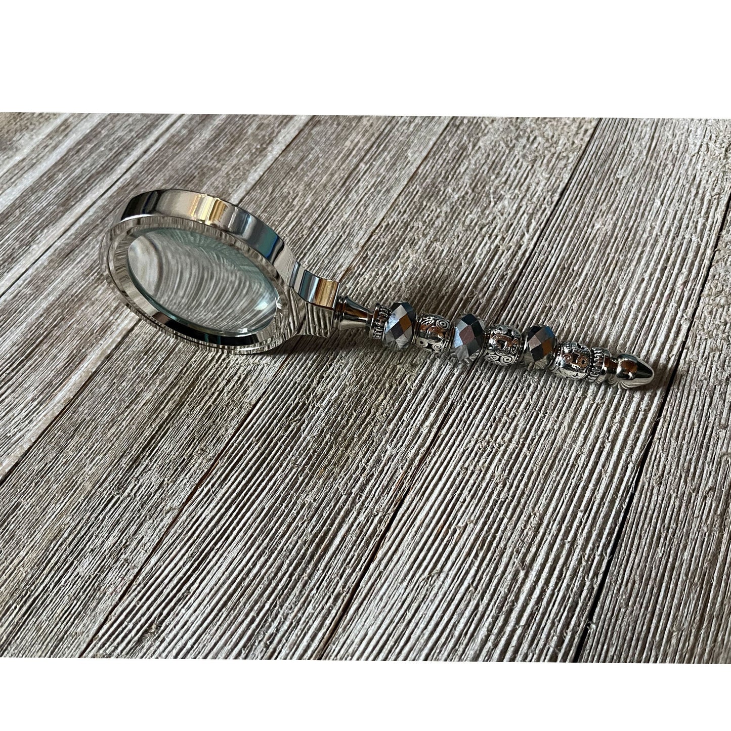 Silver Desk Set with Magnifying Glass and Letter Opener - Desk Set Office Decor Gift - Silver faceted bead Handle, Letter Opener, Magnifier