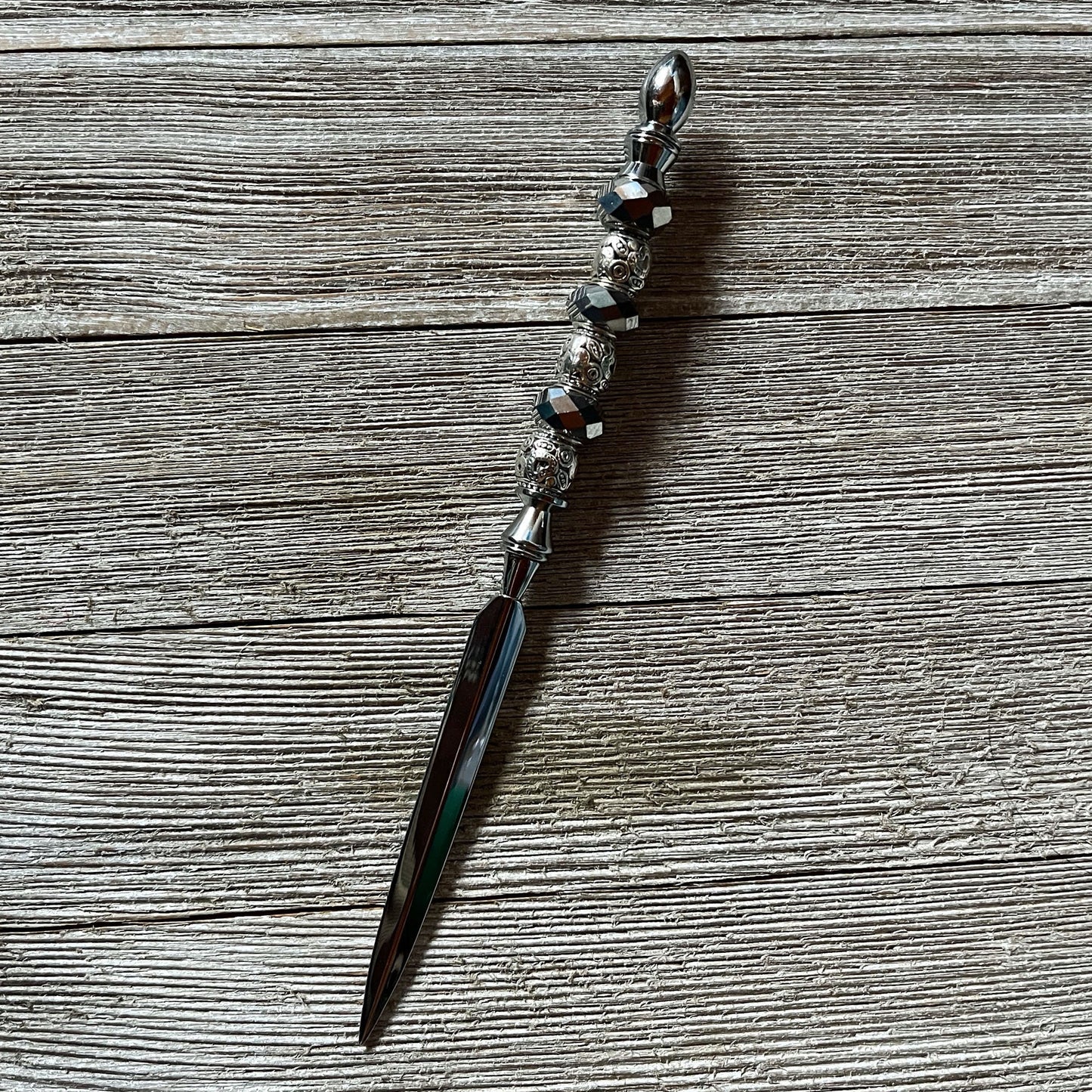 Silver Desk Set with Magnifying Glass and Letter Opener - Desk Set Office Decor Gift - Silver faceted bead Handle, Letter Opener, Magnifier