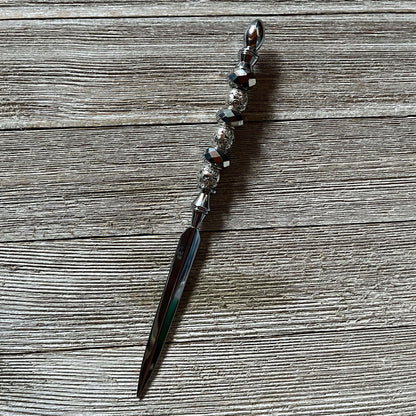 Silver Desk Set with Magnifying Glass and Letter Opener - Detailed view of magnifying glass and letter opener with art glass beads.