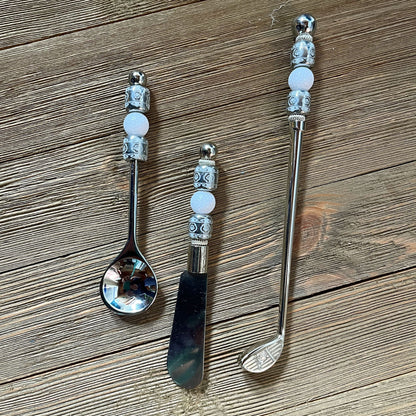 Golf Dip Knife - fun golfer gift, showcasing handmade golf ball stir sticks alongside the knife, ideal for cocktail parties.