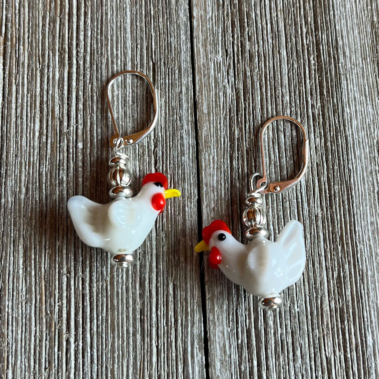 Hen Earrings Gift that is egg strodinary - white lamp work glass chicken jewelry - Farm Aesthetic Bird Jewelry, Gift for Barnyard Keeper