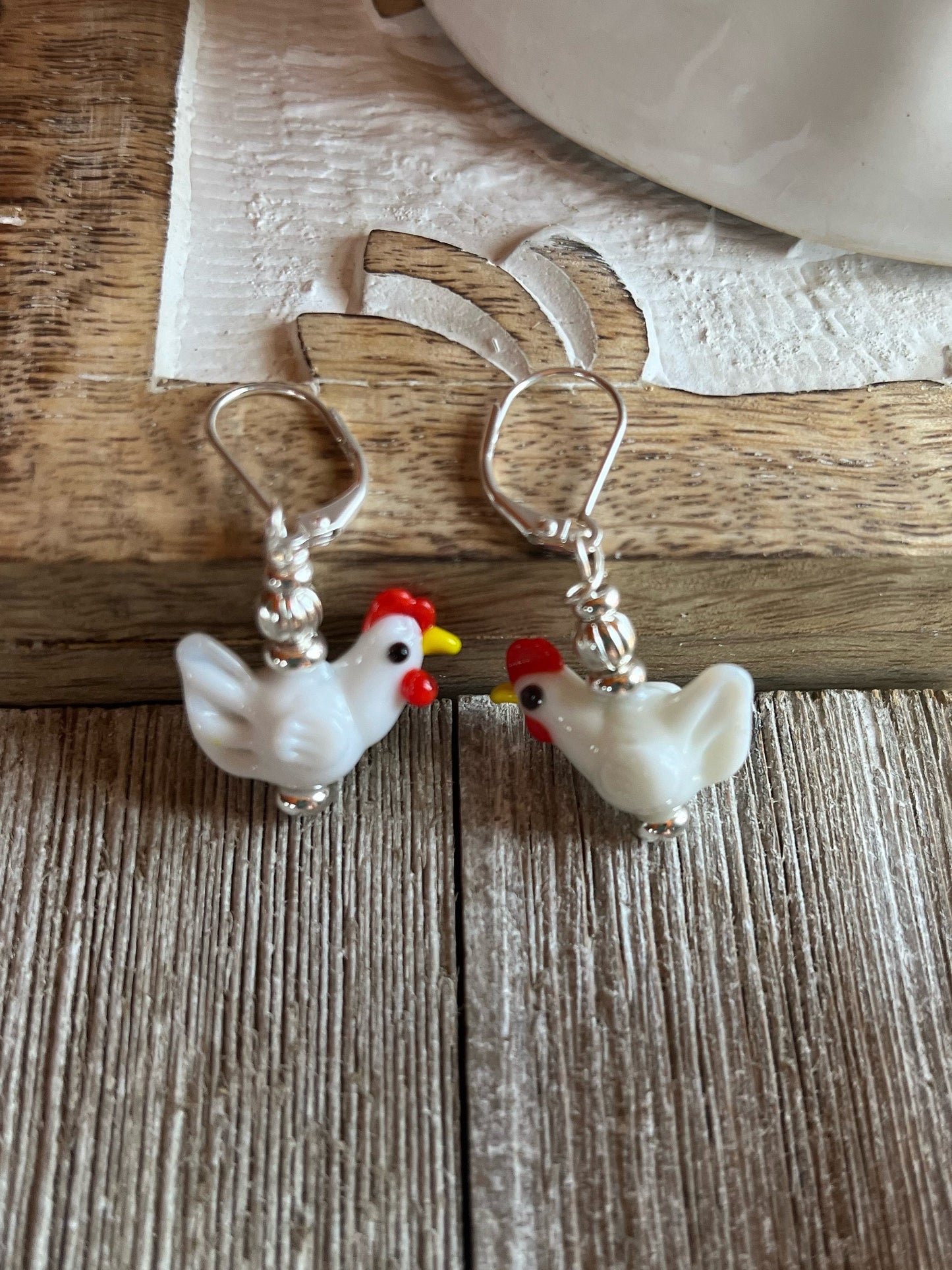 Hen Earrings Gift that is egg strodinary - white lamp work glass chicken jewelry - Farm Aesthetic Bird Jewelry, Gift for Barnyard Keeper