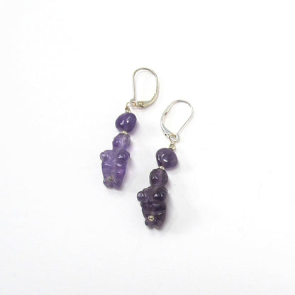Close-up of Purple Stone Venus Earrings, carved earrings inspired by the Goddess of Willendorf, perfect symbolic jewelry gift for women with zen aesthetic.