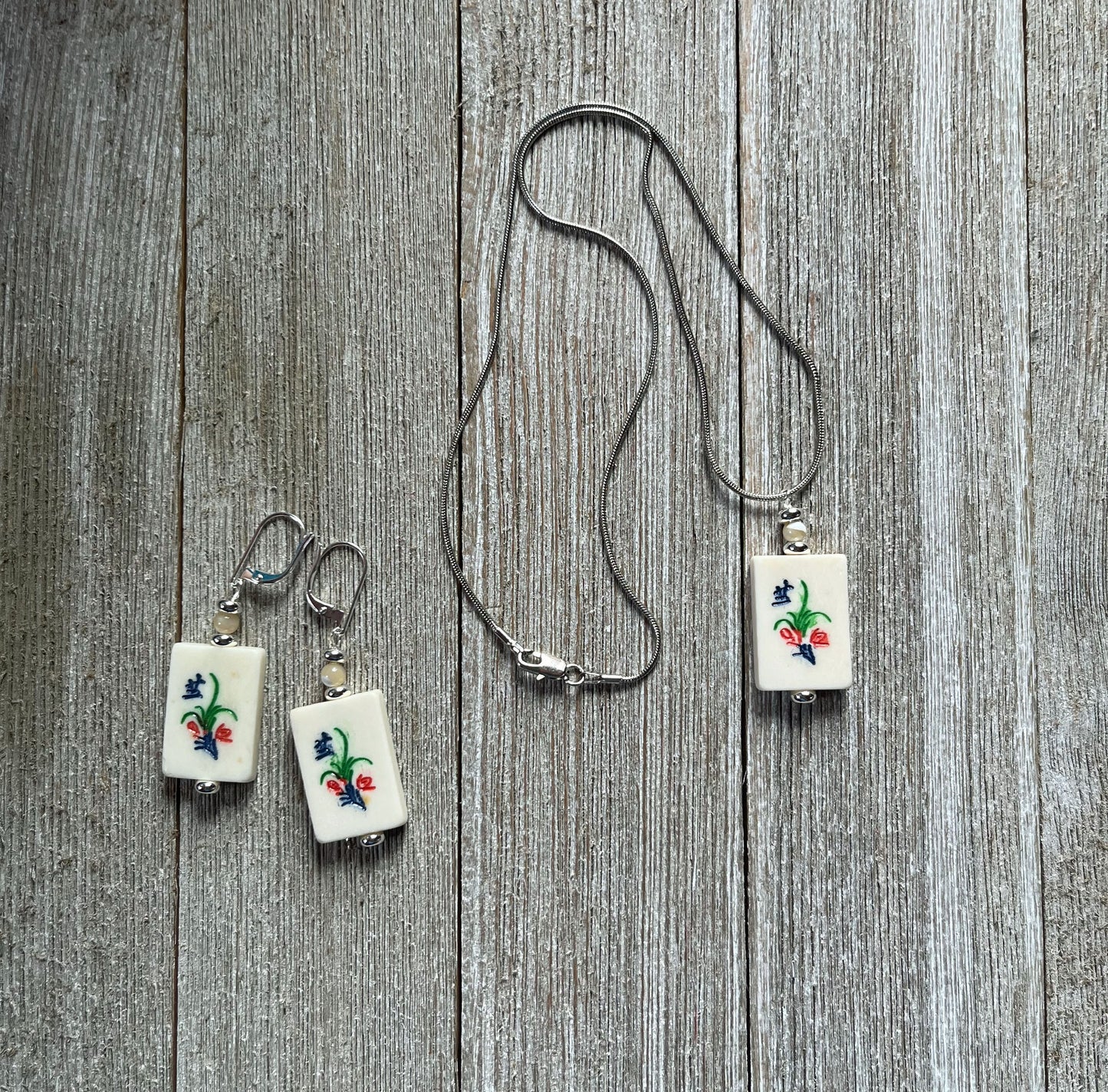 Mahjong Tile Earrings, Necklace or set Flower Bonus Style - Majong Player Gift, Mahjong Mom Gift for the player you know