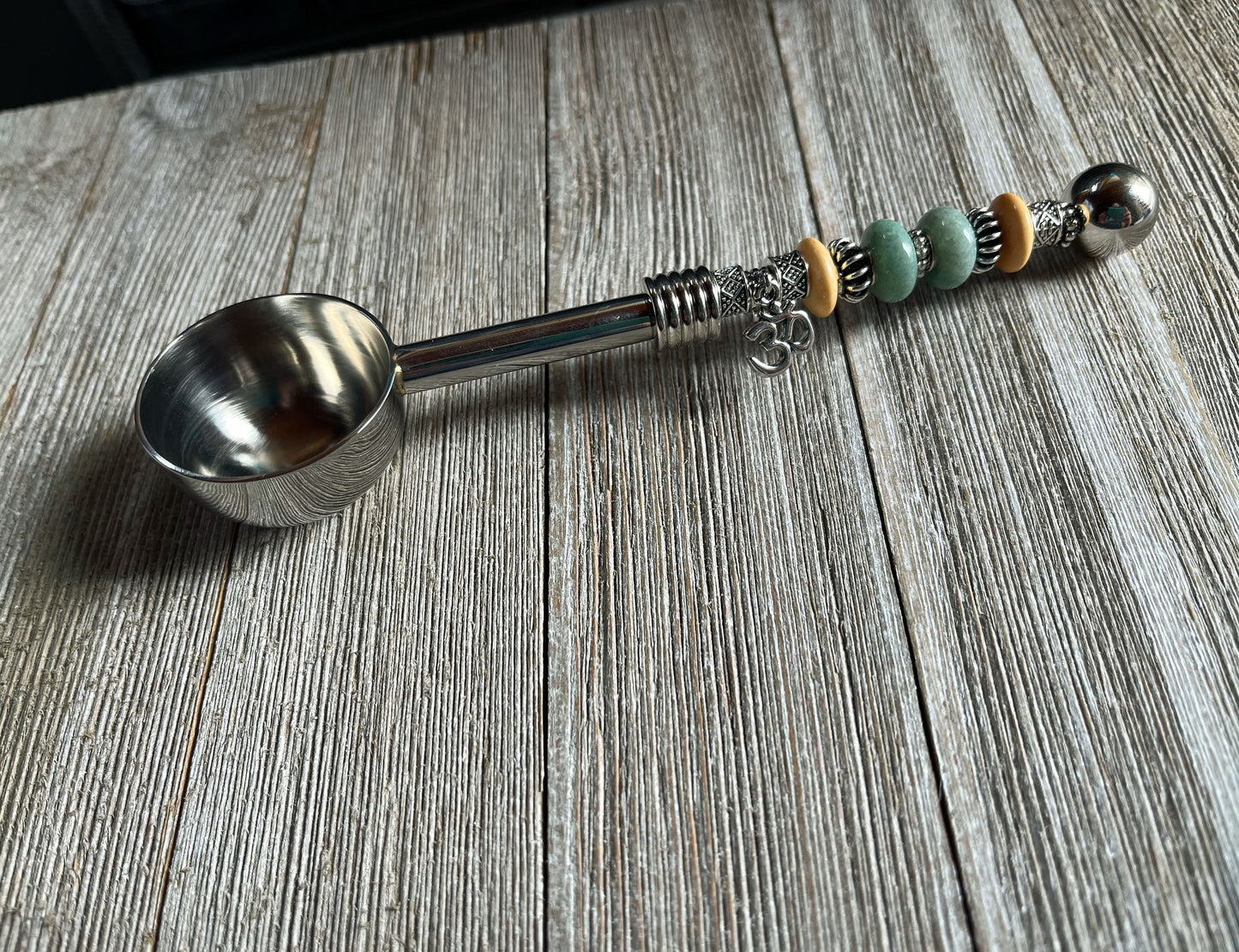 Zen Gift Deep Bowl Spoon - Herb Scoop, Supplement Power, coffee spoon, namaste charm beaded handle, tablespoon measure. Gift for Health