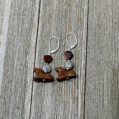 Close-up of Horse Jewelry for Woman - handmade jasper pony earrings with sterling silver ear wires, a thoughtful equestrian gift.