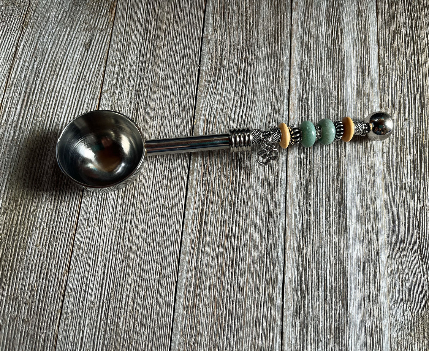 Zen Gift Deep Bowl Spoon - Herb Scoop, Supplement Power, coffee spoon, namaste charm beaded handle, tablespoon measure. Gift for Health