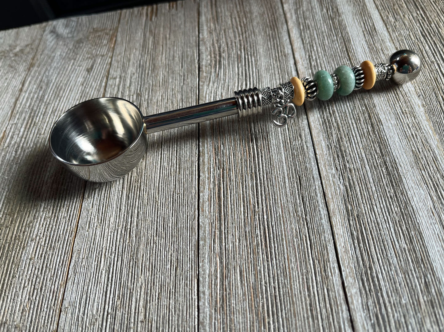 Zen Gift Deep Bowl Spoon - Herb Scoop, Supplement Power, coffee spoon, namaste charm beaded handle, tablespoon measure. Gift for Health