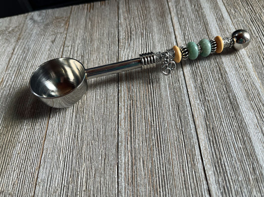 Zen Gift Deep Bowl Spoon - Herb Scoop, Supplement Power, coffee spoon, namaste charm beaded handle, tablespoon measure. Gift for Health