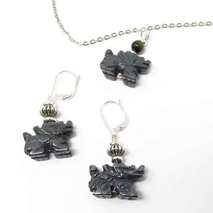 Fantasy Themed Jewelry - Carved Black Hematite Dragon Earrings & Necklace Set, Unique Gamer Gift