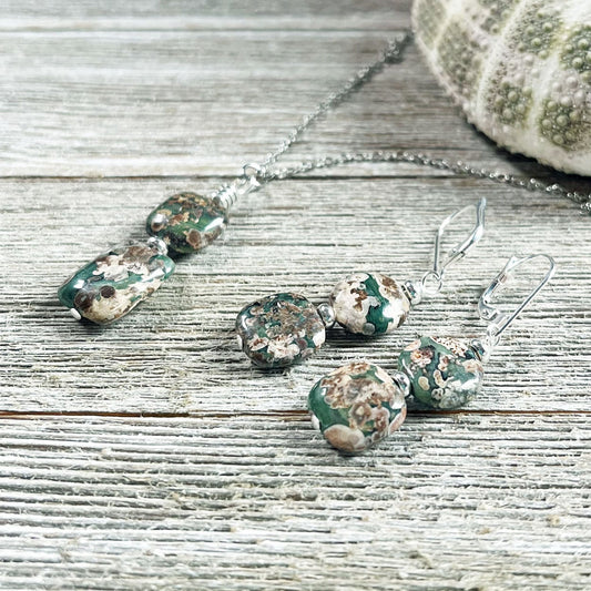 Rainforest Rhyolite Jewelry Set - zen style gift for earth minded friend, necklace and dangle earring set in lovely and complex tones