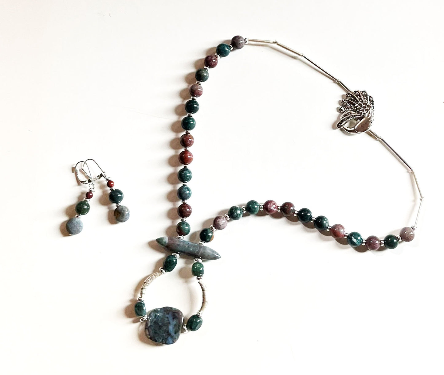 Fancy Peacock Jewelry Set - Fancy Jasper and Sterling Silver, Artisan Designed of natural pastel stones, a zen aesthetic style gift for her