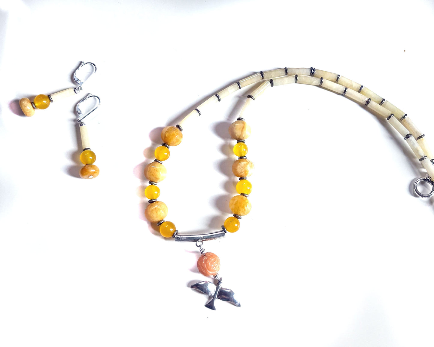 Silver Bird in Flight Necklace and Earring Set, Sunset Colored Stones, Aventurine and Quartz yellow and orange tones, artisan designed gift