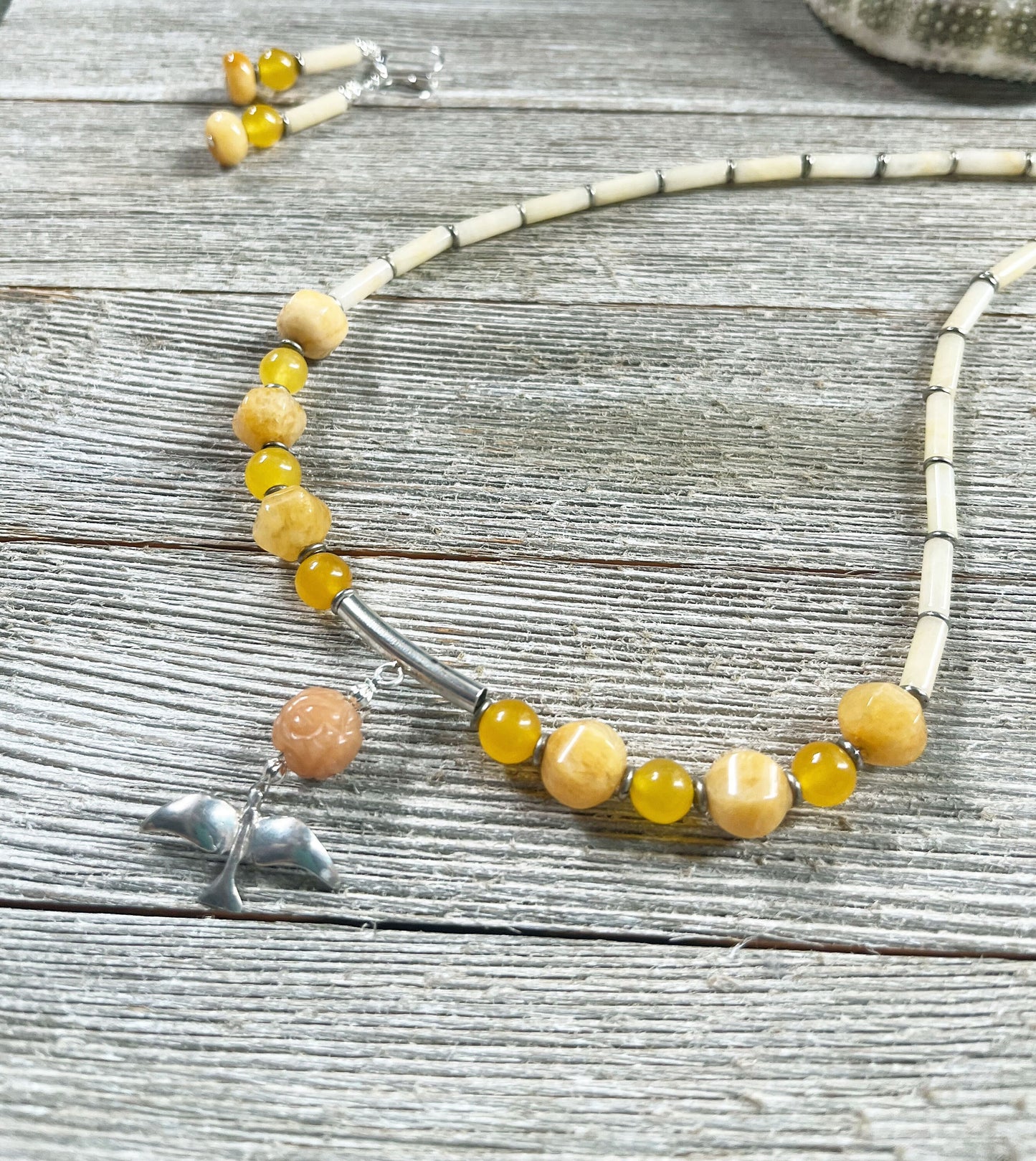 Silver Bird in Flight Necklace and Earring Set, Sunset Colored Stones, Aventurine and Quartz yellow and orange tones, artisan designed gift