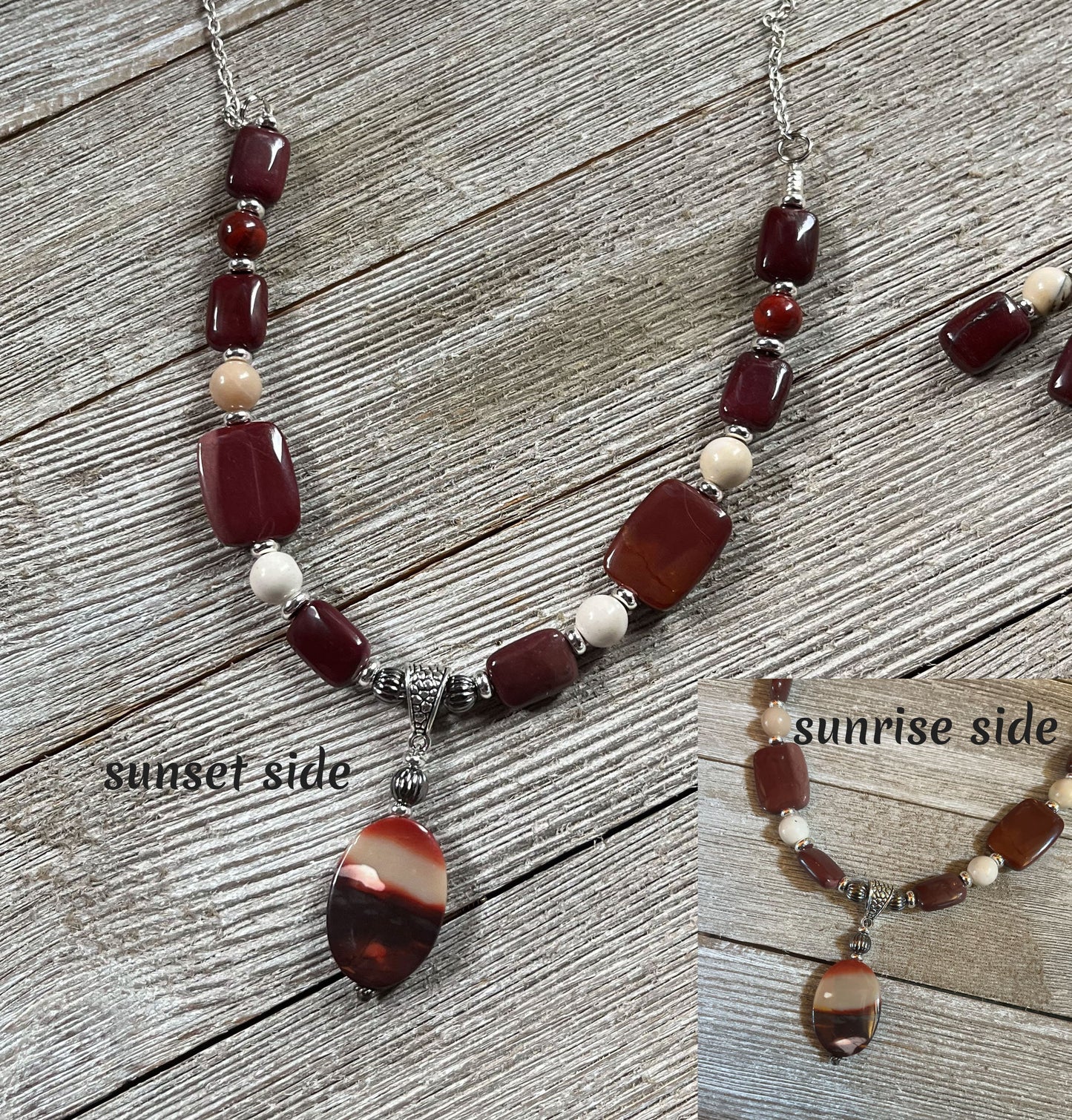 Mookaite Jasper Necklace & Sterling Silver Earrings Set: Handcrafted nature jewelry with a gemstone pendant shown on wood. Inset images reveal unique sunrise and sunset sides of the pendant, featuring distinct reddish and cream patterns.