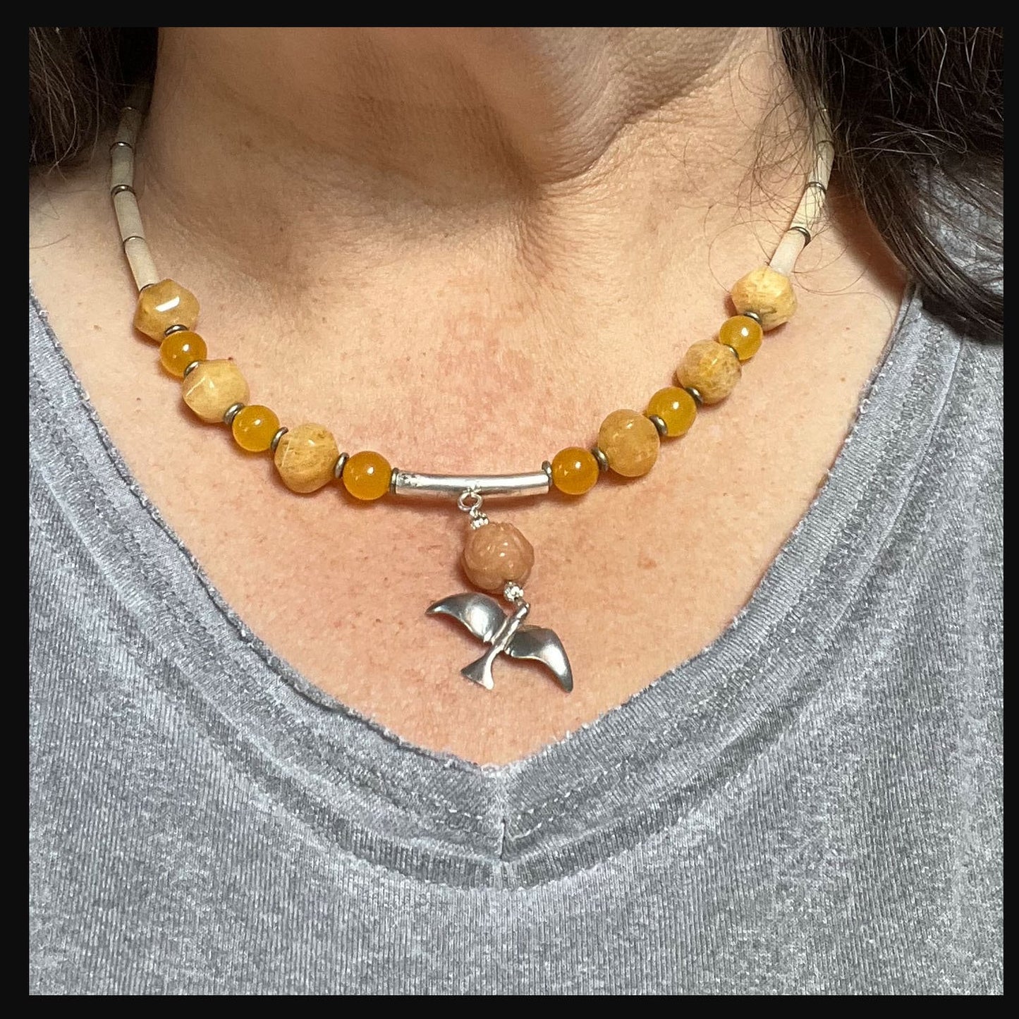 Silver Bird in Flight Necklace and Earring Set, Sunset Colored Stones, Aventurine and Quartz yellow and orange tones, artisan designed gift