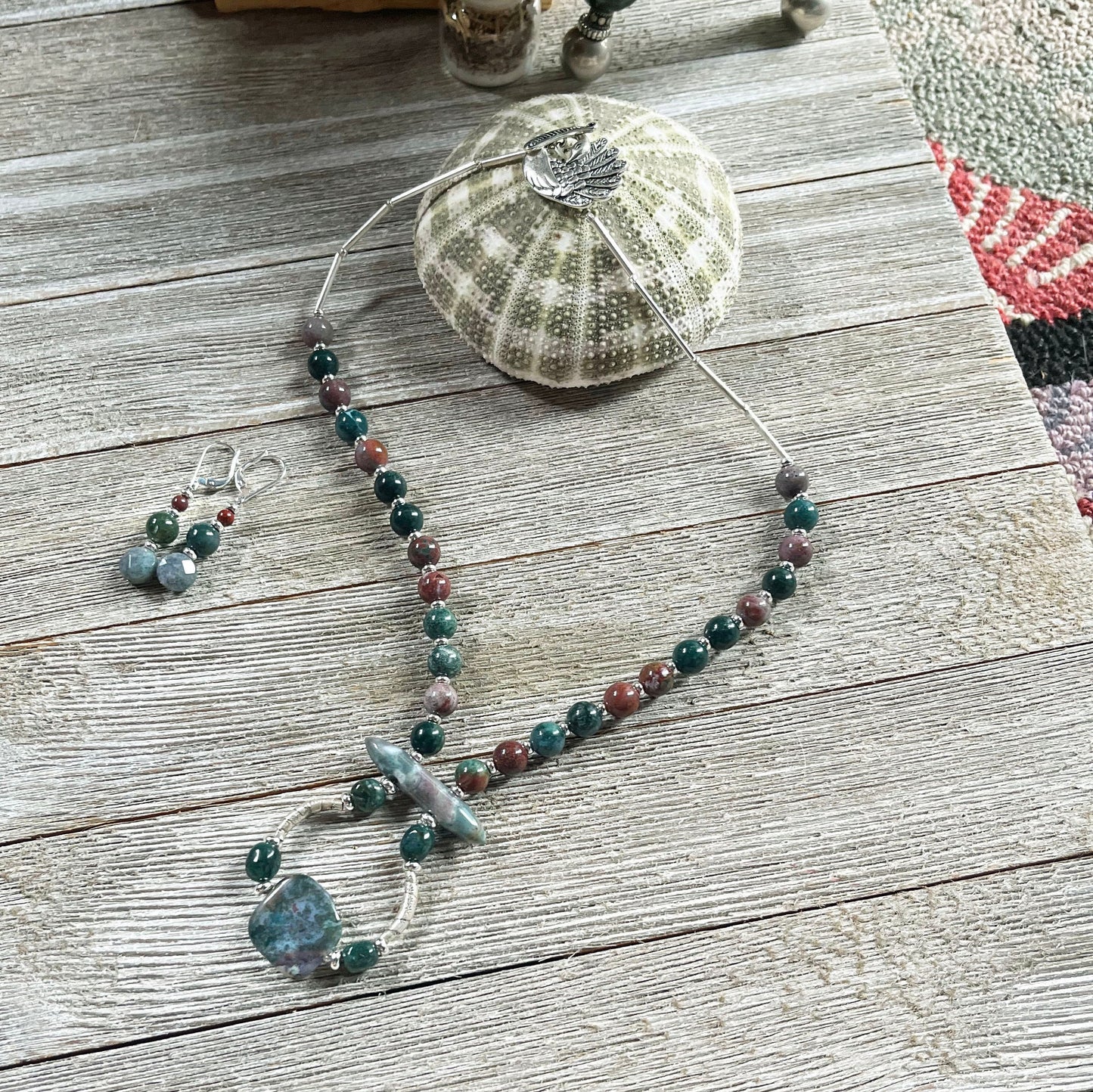 Fancy Peacock Jewelry Set - Fancy Jasper and Sterling Silver, Artisan Designed of natural pastel stones, a zen aesthetic style gift for her