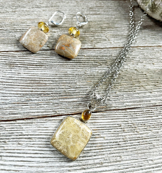 Fossil Coral Jewelry Set with Topaz Topper. Necklace and Earrings for the ancient collaboration. Gift for Teamwork support.