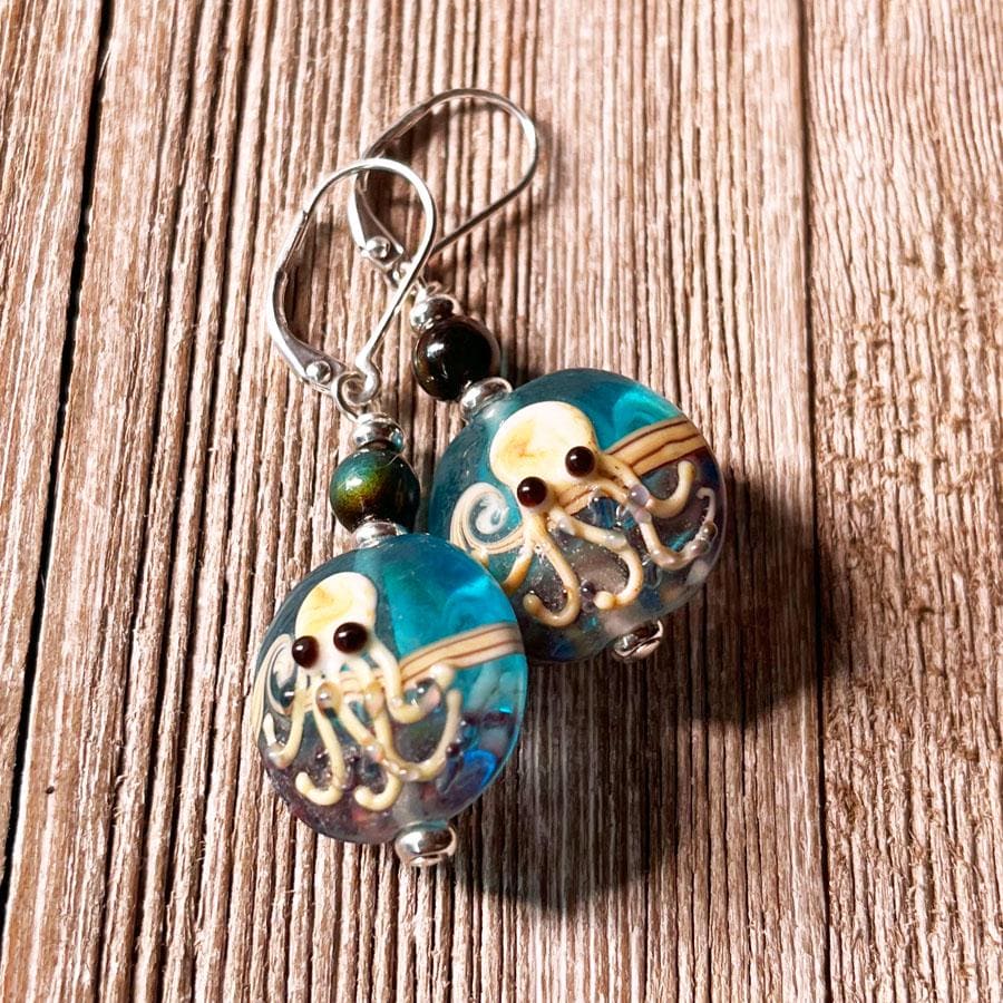 Octopus Earrings, Cephalopod Jewelry Gift, Octopi Lamp-worked Glass Earring, Cute Gift for the Sea Life Lover, Blue Art Glass