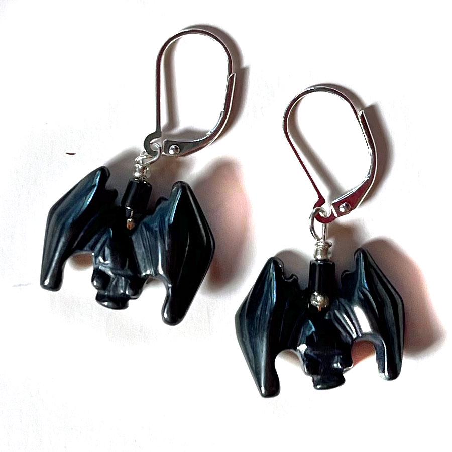 Bat Earrings of black stone  - Halloween Jewelry, Hematite Earrings, Animal Themed Gift, Bat Jewelry, Creepy Earrings, Scary Spooky Gift