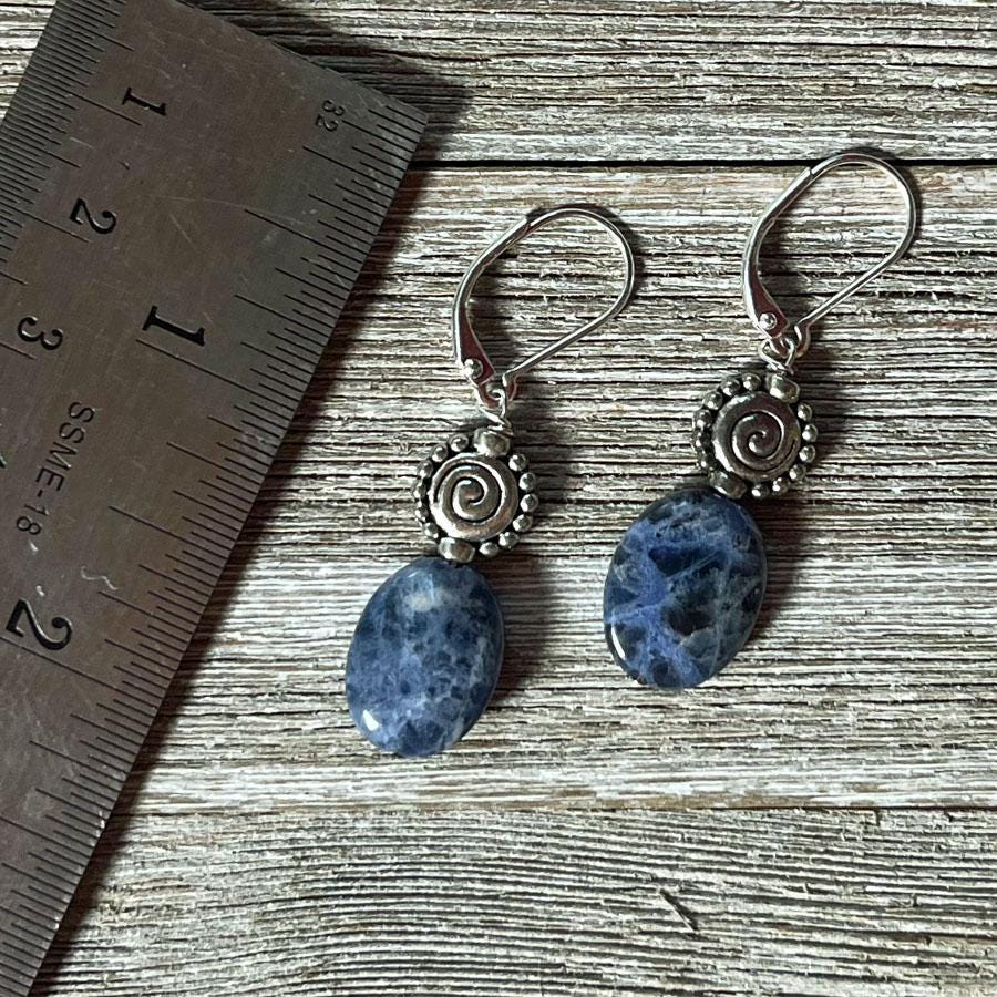 Sodalite earrings - artisan-designed stone and spiral, denim blue earrings, gift for friend, for creativity, intuition, and self-expression