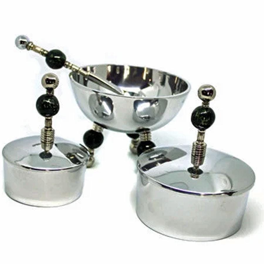 The Stainless Steel Dip Bowl Set – Green Ceramic Legs & Trinket Boxes includes two lidded trinket boxes and a round bowl on green ceramic legs, each with bead-like handles and a matching spoon.